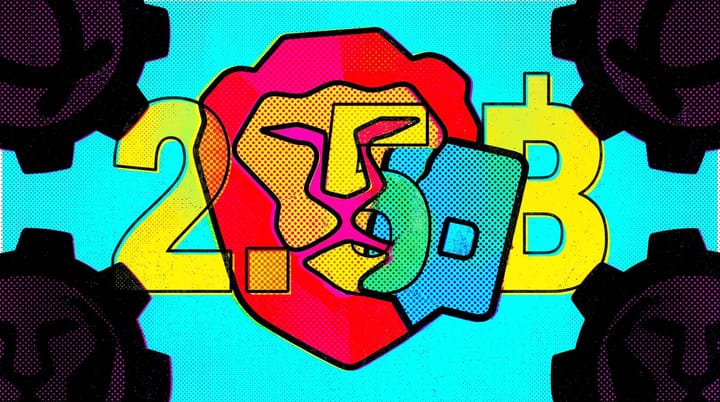 Pop-art collage of Publicis red brand mark absorbing a blue LiveRamp identity badge, with four faded holdco silhouettes in the background and a 2.5B dollar overlay.