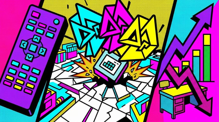Pop-art illustration of a stalled Roku direct-sales rate card overrun by climbing 40% growth chart and DV360, Trade Desk, and Amazon DSP demand bidding for the same CTV inventory.