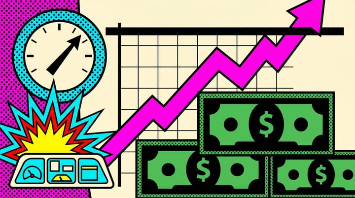 Pop-art illustration of a steep Meta ads spend graph hitting a ceiling, stacked dollar bills, a frequency dial at four, and a comic BOOM burst over a paid social dashboard.