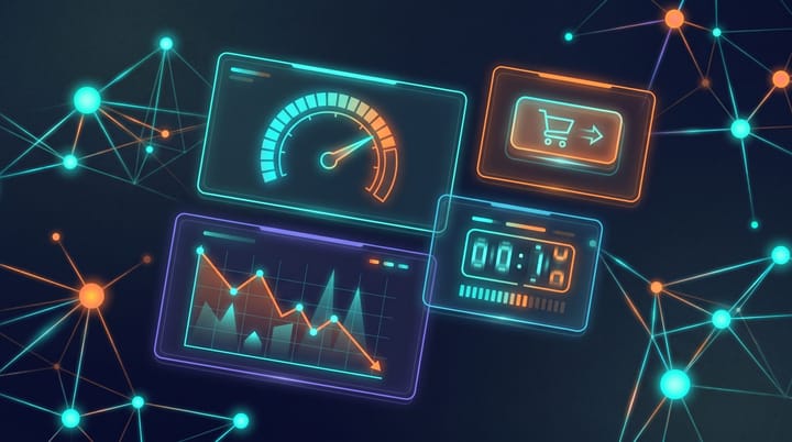 Dark data visualization with a page load time speedometer next to a declining conversion rate line graph, an ecommerce checkout button, and a milliseconds counter