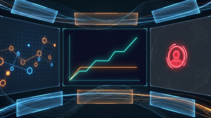 Dark data dashboard contrasting a rising GMV line with a flat owner take-home, surrounded by Shopify net margin benchmarks by store revenue tier for 2026.