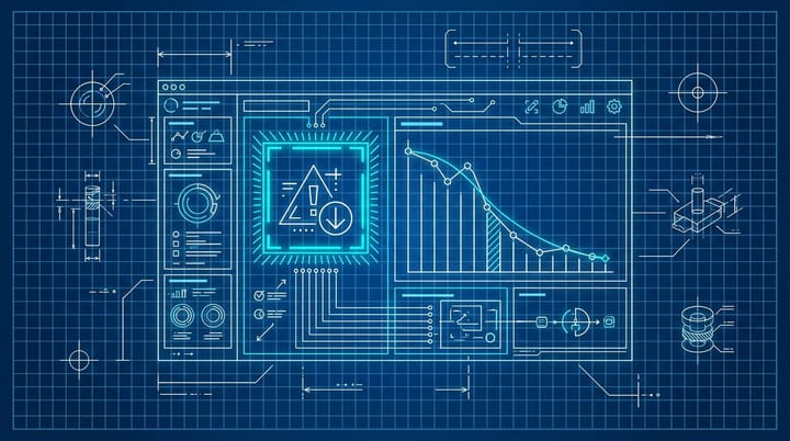 Blueprint schematic of a Google Search Console Page Indexing report with a soft 404 warning panel and a declining traffic line chart dropping from 15K to 2K daily clicks.