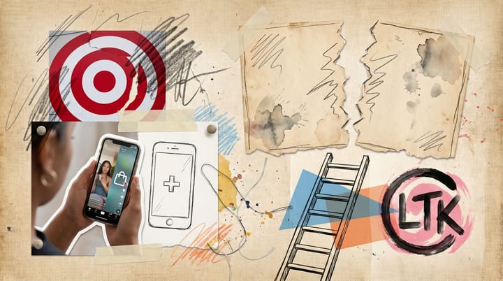 Target bullseye logo, a torn contract splitting into two, a smartphone with a TikTok creator post, and an LTK app tile, illustrating the creator program fork.