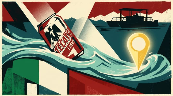 Tecate Light beer can on Gulf of Mexico waters with a Google Maps pin labeled 'Gulf of Mexico,' against Mexican flag tricolor blocks in propaganda poster style
