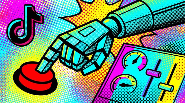 Pop-art TikTok logo with a robotic AI agent hand pressing a campaign launch button on an ads dashboard.
