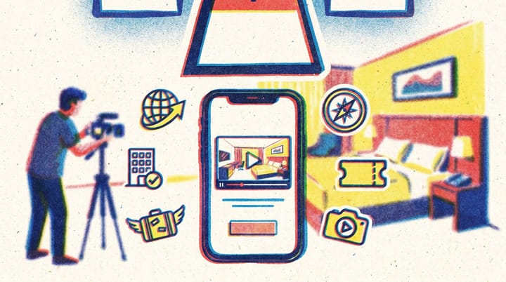 Phone showing TikTok Go travel booking screen surrounded by six OTA brand logos and a 1,000 follower threshold marker, risograph print style.