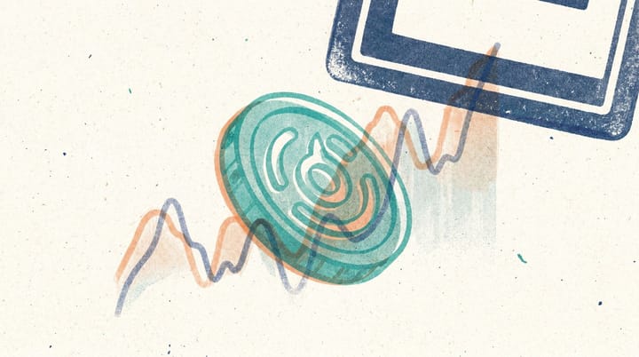A British pound coin in TikTok teal stamped with £3.99, a faint 0.007 percent chart line trailing behind it, and a half-cropped AD-FREE stamp at the edge.