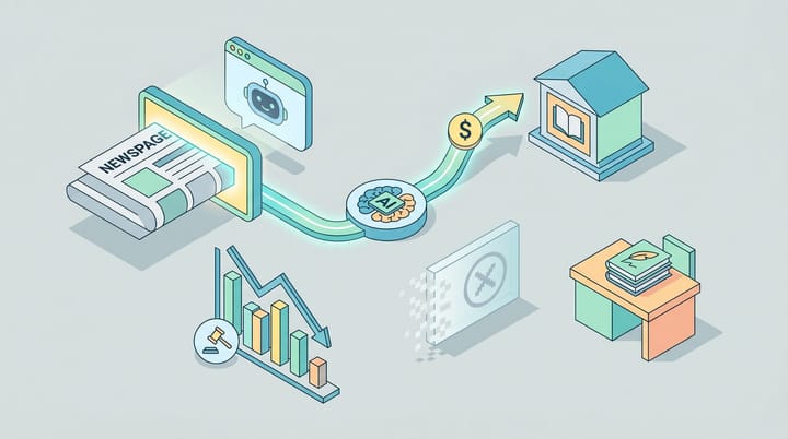 Isometric illustration: USA Today masthead licensed to AI chatbots, dollar flow from AI to publisher, fading display ad and dropping programmatic CPM graph