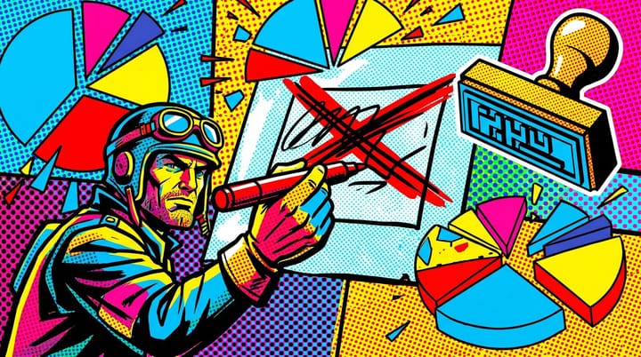 Pop-art illustration of a PPC veteran crossing out the word KEYWORDS with a red marker beside exploding match-type pie charts and an AI MAX stamp