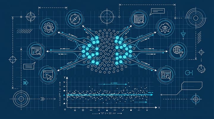 Blueprint-style technical diagram of 18 illuminated brand nodes out of 177, lines connecting to 8 AI search engines, beside a flat correlation scatter plot labeled r=0.017.