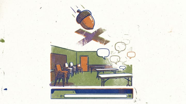 Risograph illustration of an acorn falling onto a fading X logo next to an empty community room and a browser bar showing community.yourbrand.com.