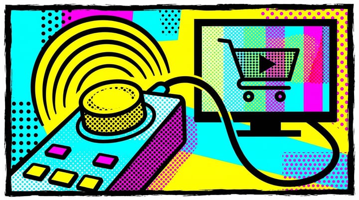 Pop-art illustration of a TV remote with a glowing Buy button next to a connected TV showing a YouTube play icon and shopping cart, halftone dots and bold primary colors