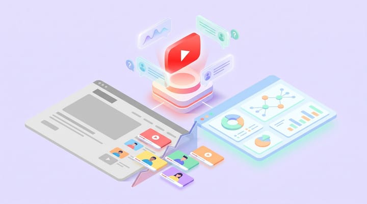 Small YouTube creator video thumbnails outranking a large grey corporate brand webpage as AI chat bubbles cite them, isometric illustration