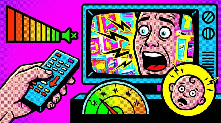 Pop-art illustration of a TV remote turning down a volume bar on a blaring streaming ad, with a loudness meter reading -24 LKFS and a startled baby icon.