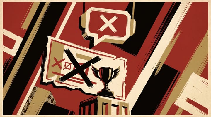 Vintage propaganda-style award poster with a trophy, a crossed-out ad banner and a chatbot bubble, headline reading NO ADS