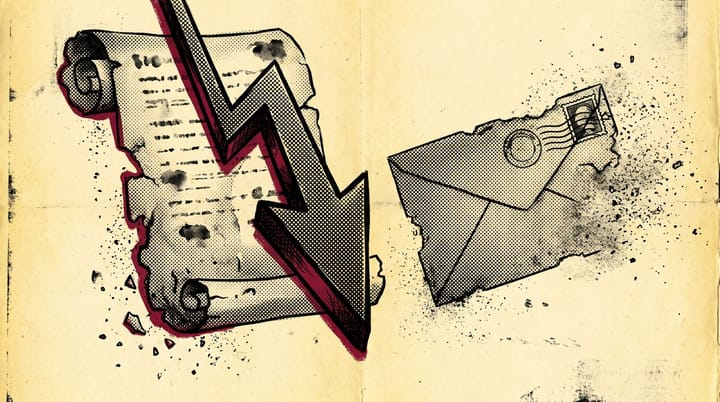 Retro newsprint illustration of a decaying paper email mailing list with fading names and a downward 23 percent decay arrow