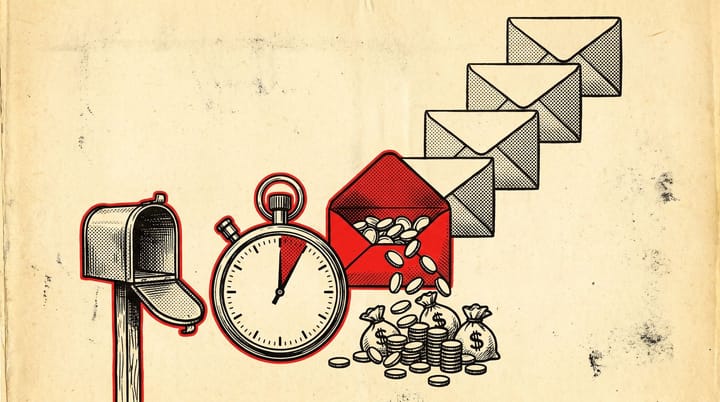 Vintage newsprint illustration of five envelopes rising like a staircase, the first bursting open with spilling coins beside a five-minute stopwatch and a mailbox.