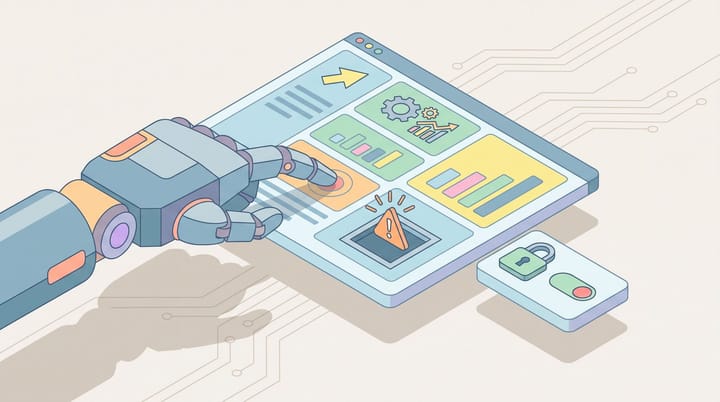 Isometric AI robot agent clicking inside a browser ad dashboard with a hidden trapdoor and a padlock, illustrating Gemini computer use security risk