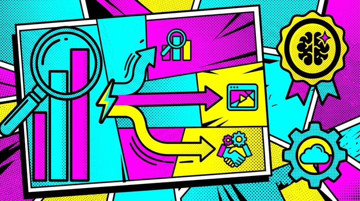 Pop-art illustration of a Performance Max dashboard splitting into separate Search, Display, and partner network channels with an AI-generated content label badge.