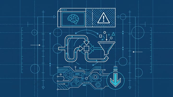 Technical blueprint diagram of Google's spam filter flagging an AI Overview answer box, with a SpamBrain detection schematic and a demoted ranking arrow.