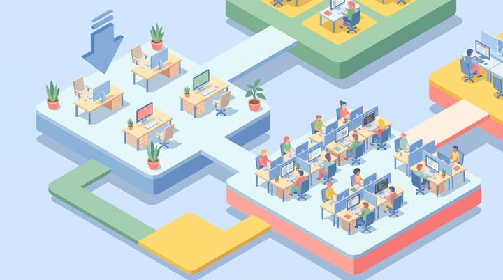 Isometric tech office org chart with emptied marketing and design desks, a dense cluster of engineering desks remaining, and a downward 36 percent arrow over marketing.