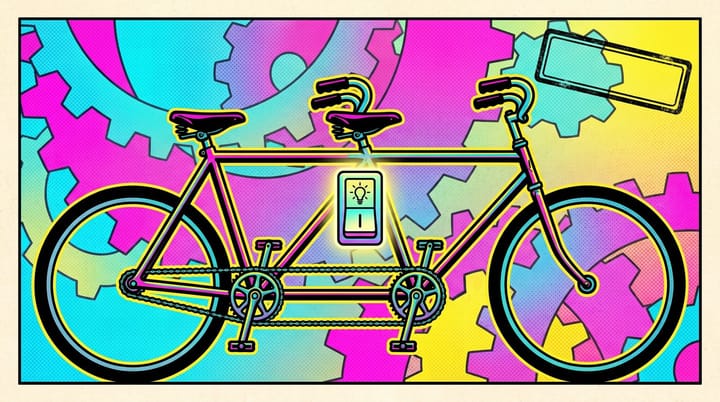 Pop-art illustration of a bike with two sets of handlebars next to a glowing AI toggle switch and an AUTO-ENROLLED stamp, referencing REI Meta AI ad