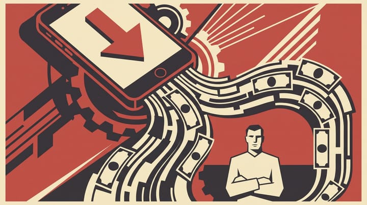 Vintage propaganda-style poster of a smartphone with a downward arrow and cash flowing back to a calm minimalist person, with bold text reading pay less use less.