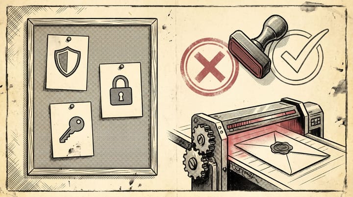 Retro newsprint illustration of SPF, DKIM and DMARC DNS records on a corkboard with green approved and red rejected stamps beside an email passing a verification gate