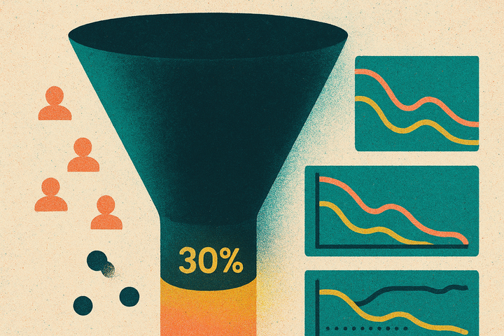 Funnel visualization showing new signups narrowing to activated users, with a 30 percent activation rate marker and users leaking out mid-funnel