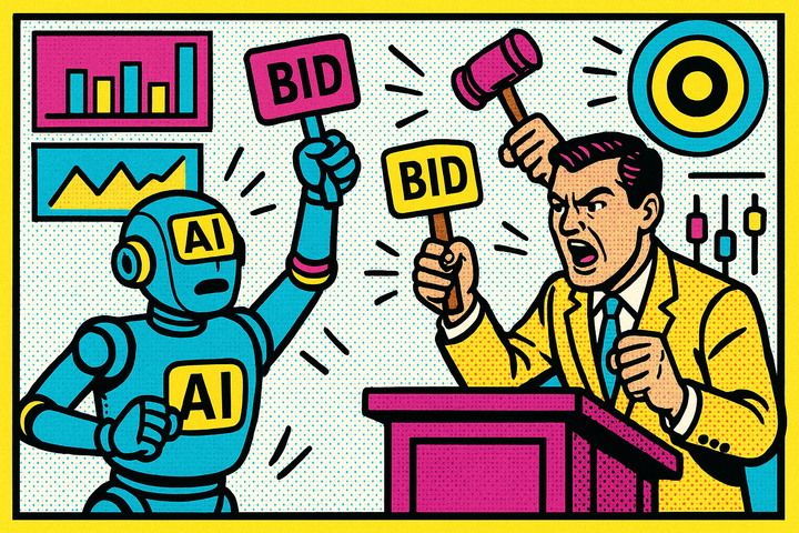 Pop-art illustration of an AI robot bidding agent facing a human media buyer at an auction podium, with CPM price tags of 6.13 and 6.95 on a programmatic ad dashboard.