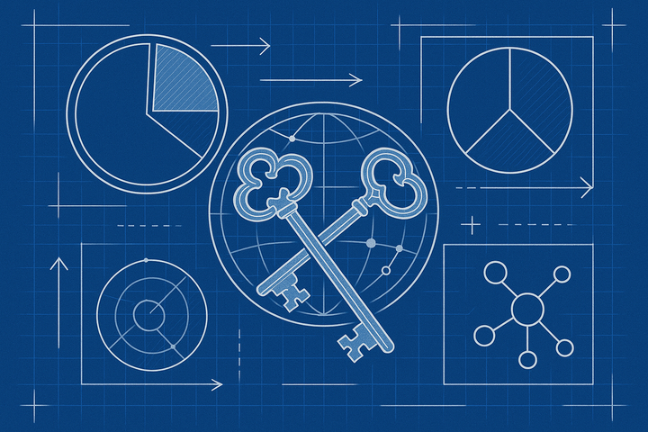 Blueprint-style illustration of an SEO agency retainer contract split into three labeled fee sections with 25% and 75% figures and a data-access key.