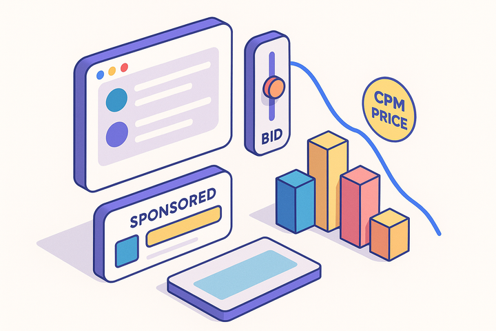 Isometric flat illustration of a ChatGPT response panel with a labeled sponsored ad card below it, a low bid slider, relevance-weighted auction blocks, and a declining CPM line.