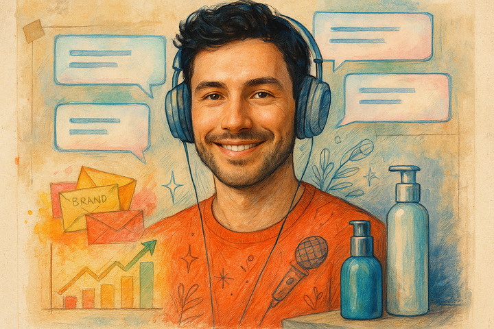 Mixed media collage of a content creator portrait surrounded by AI chat windows, skincare bottles, and a flat follower-count chart