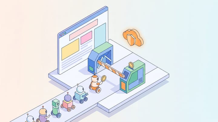 Isometric illustration of robot crawlers queuing at a toll turnstile before an ad-supported webpage, one paying a coin while a barrier arm blocks the rest