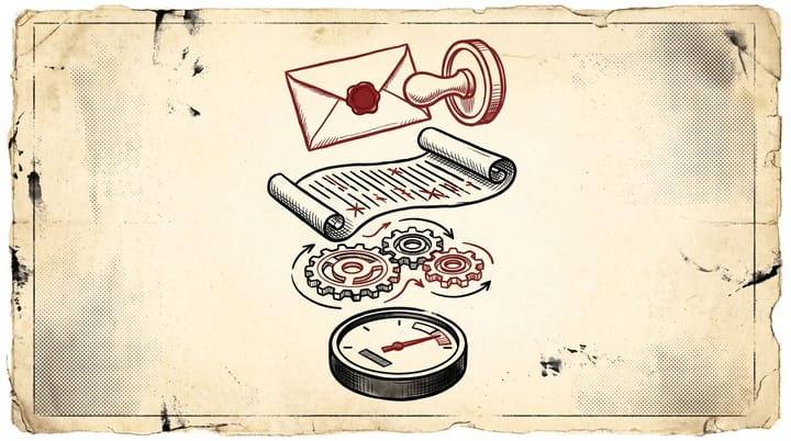 Retro newsprint infographic of email marketing strategy as four layers: deliverability stamp, list cleanup, automation gears, and a complaint gauge under 0.1%