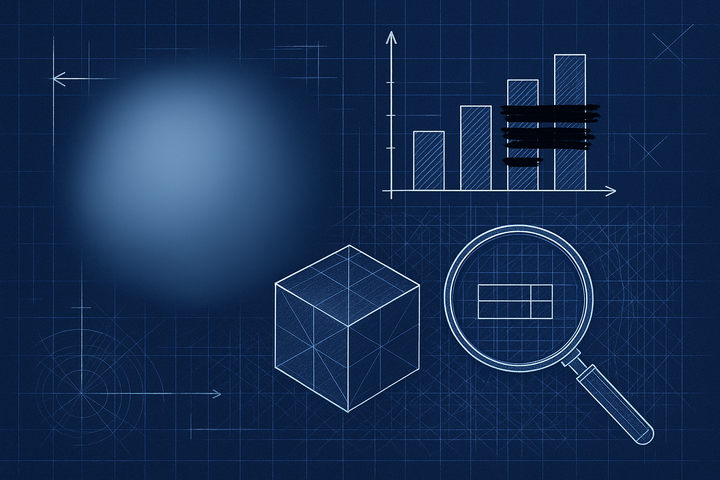 Blueprint-style illustration contrasting a blurred word BILLIONS with a precise 63.27B figure beside a Search Console graph with its clicks column blacked out.