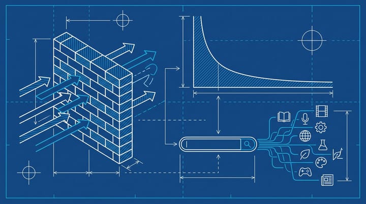 Blueprint schematic of a paywall brick wall blocking search-traffic arrows beside a long-tail curve and a Google search bar splitting into niche publisher icons