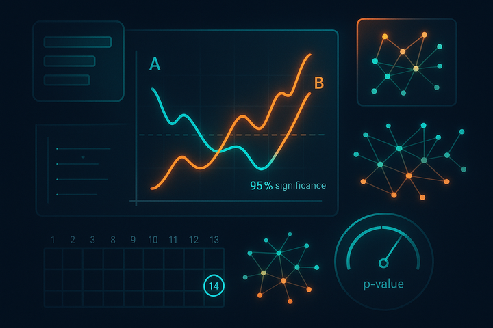 Dark data visualization of an A/B test: two variant lines crossing a 95% significance threshold early, beside a sample size readout and a two-week test calendar