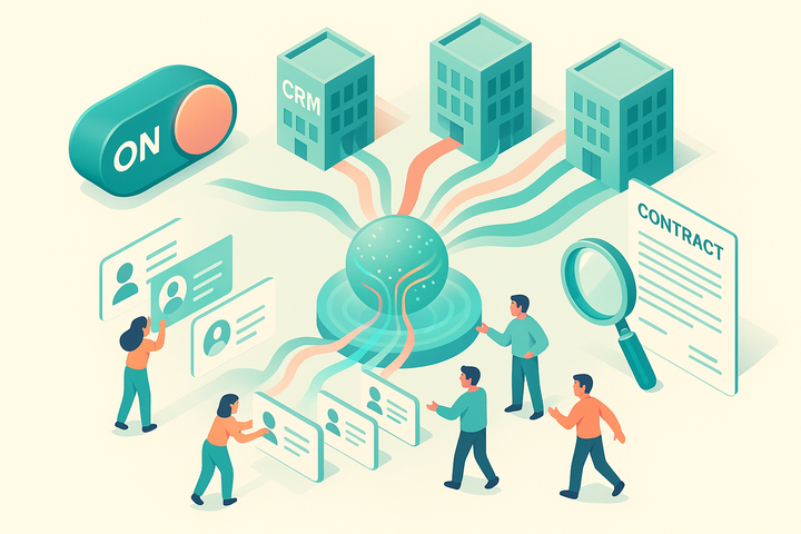 Isometric illustration of CRM contact data flowing from office buildings into a shared data pool, with a toggle switch stuck on and a magnifying glass over contract fine print