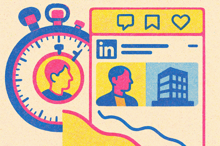 Risograph illustration of a LinkedIn feed post timed by a stopwatch, a bright personal profile beside a faded company page icon, and a falling reach graph.
