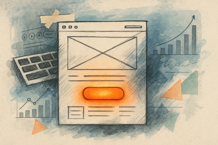 Dark data-viz illustration of a landing page wireframe with one glowing call-to-action button, a short signup form, and faint conversion-rate charts behind it.