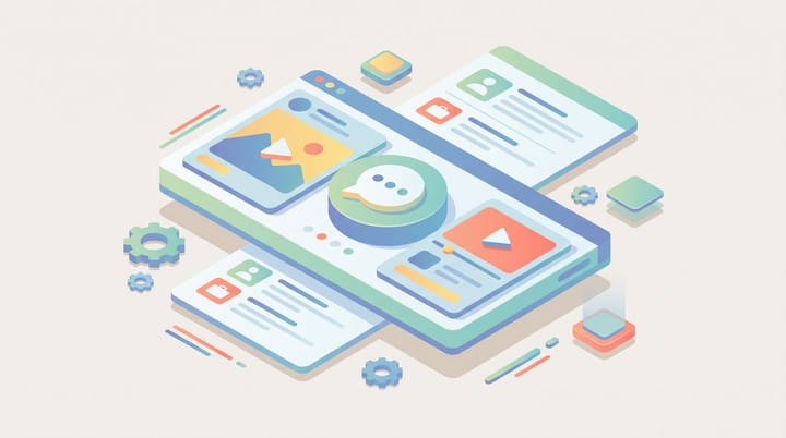 Isometric ChatGPT window with sponsored ad units expanding into an image tile, a video play button, and a conversational bubble
