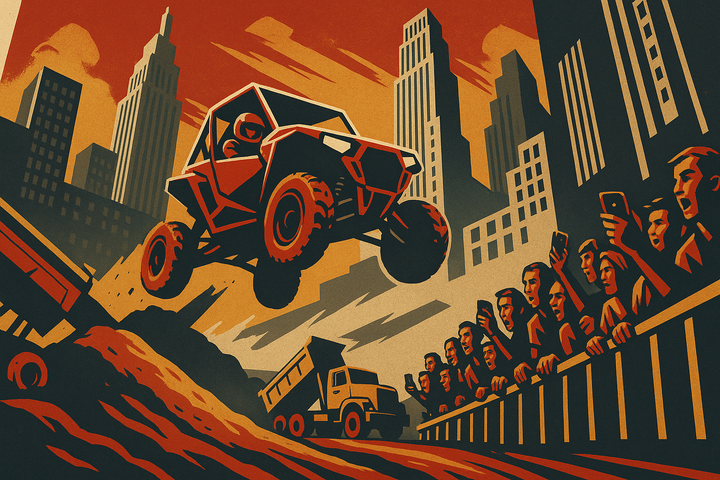 Propaganda-poster illustration of a dirt off-road track built on a Manhattan lot between skyscrapers, a side-by-side vehicle mid-jump, and a crowd filming from behind barriers.