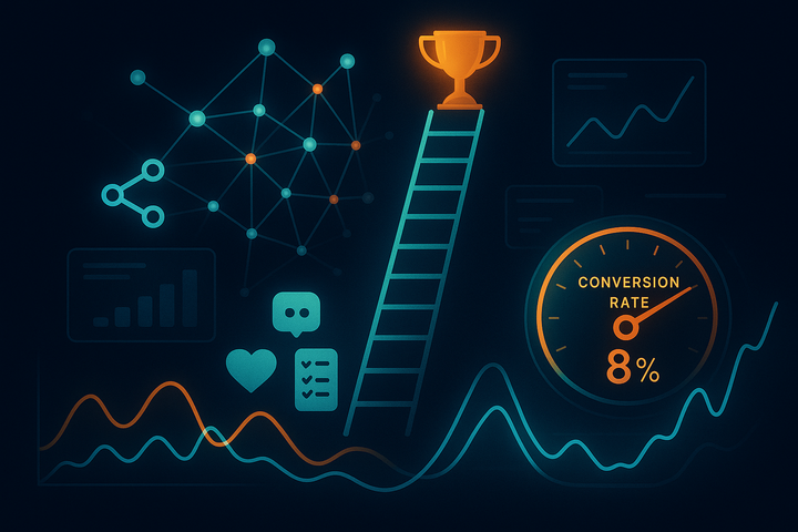Dark data-visualization illustration of a rising ladder of referral reward tiers, a share link multiplying into a network of nodes, and a conversion-rate dial reading 8 percent.