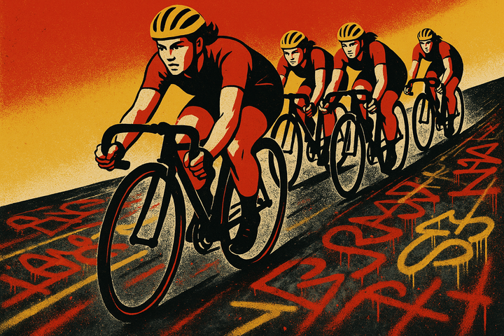 Women cyclists race over tarmac painted with colorful stencil art covering road graffiti, propaganda-poster style promoting the Tour de France Femmes.