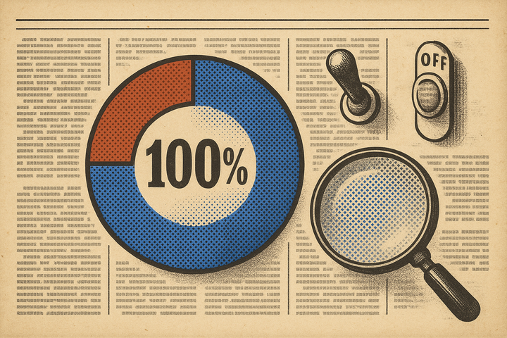 Retro newsprint illustration of a newsletter page with an AI percentage meter stamped over a text column and a toggle switch in the margin flipped off.