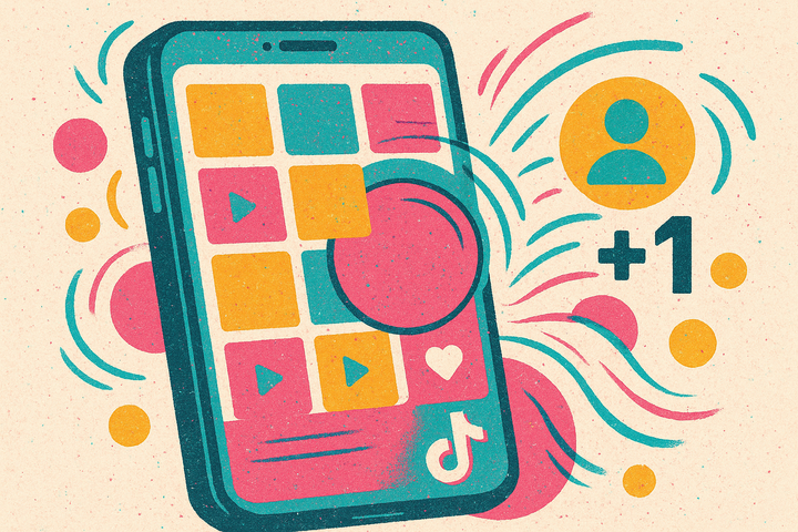 Risograph illustration of a TikTok interface: a numbered video series episode list and a rising follower counter beside a profile grid of play buttons.