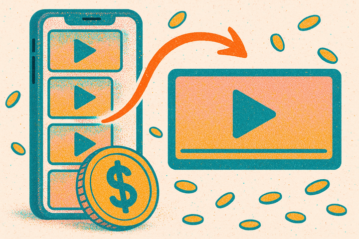 Risograph illustration of a vertical phone showing stacked short video frames beside one wide long-form video player, with scattered small coins next to a single large coin.