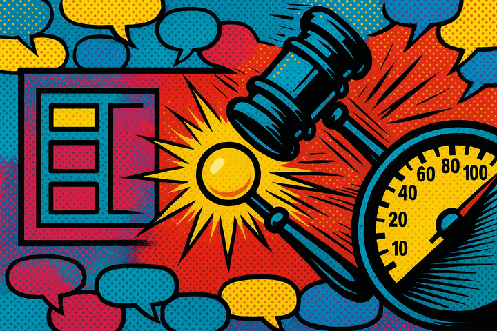 Pop art illustration of an auction gavel striking a glowing yellow button beside a speedometer, representing ChatGPT Ads' new Maximize results automated bidding default