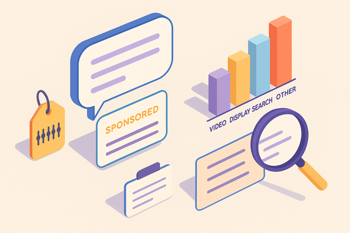 Isometric illustration of a sponsored ad card under a chat bubble, beside a bar chart of ad channel costs with one tall bar and ad copy under a magnifying glass